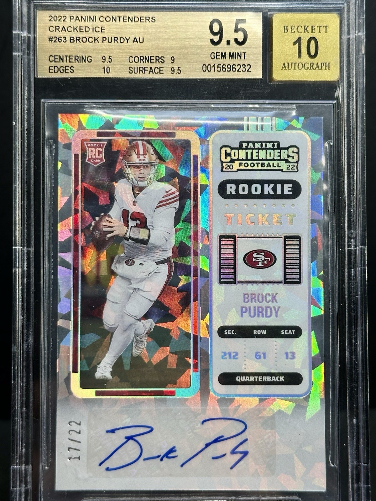 2022 Panini contenders #263 Brock Purdy Auto Cracked Ice /22 Rookie BGS 9.5
