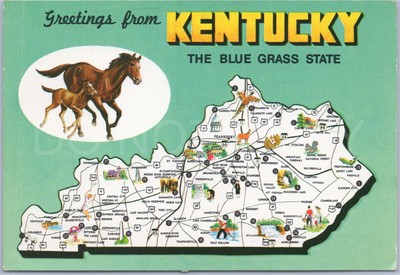 Vintage Postkarte Kentucky Karte Pferderennen USA Sehenswürdigkeiten