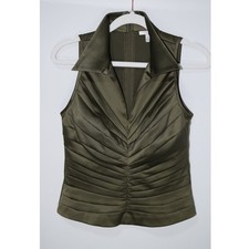 Vintage Cache Olive Green Satin Pleated Sleeveless V-Neck Top Size 6