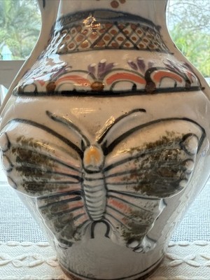 Erandi Tonala Mexico Vintage Vase Raised Butterfly Design Bird Handles 14 