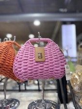Pink Woven Straw Handbag Summer Boho Clutch with Gold Hardware Top Handle