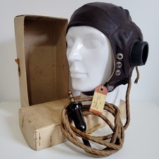RARE MINT - TYPE C RAF FLYING HELMET - BOXED WIRED WITH LOOM WW2 LEATHER PILOT