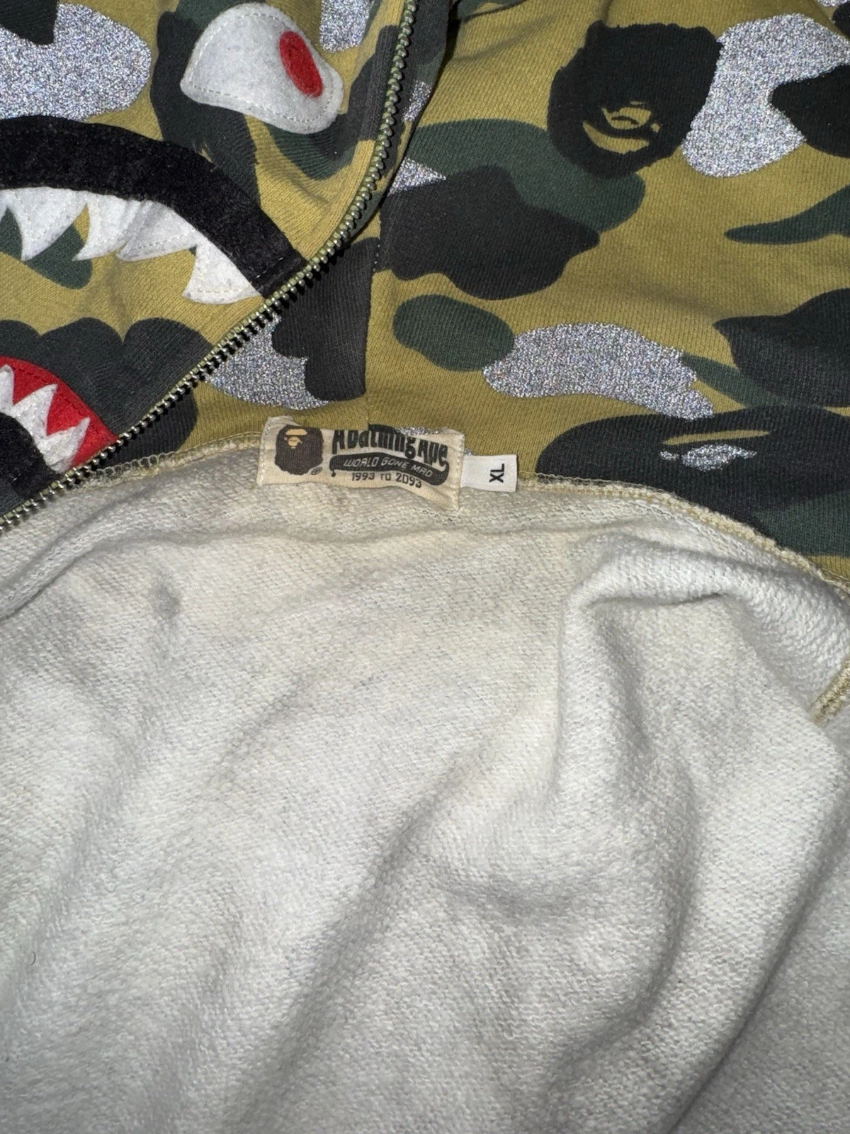 A BATHING APE (BAPE) RARA felpa con cappuccio 3M Bape A Bathing Ape full zip squalo gialla mimetica taglia XL