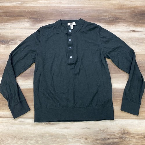 COS Henley Sweater Size M Slim Knit 100% Wool Long Sleeve Dark Green Mens