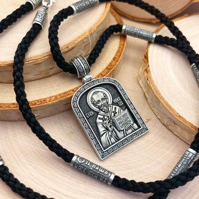 925 Sterling Silver Silk Blessed Pendant St. Nicholas & Cord Prayer Our Father