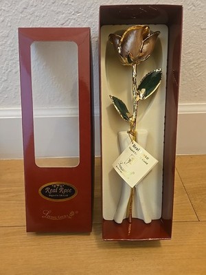 LIVING GOLD REAL ROSE DIPPED IN 24K GOLD BEIGE BOXED Vintage With Certificate