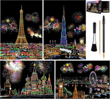 4-Sheet Rainbow Scratch Art Set for Adults Teens, A4 City Landmarks