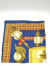Good Condition HERMES Scarf Carre 90 Horse drawn Lantern Blue Gold