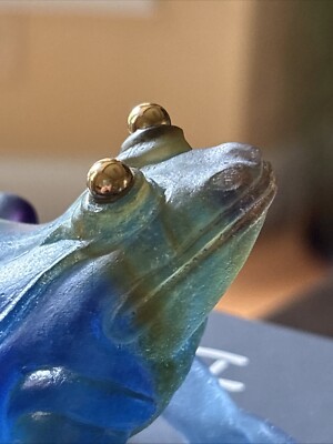 Daum France Pate de Verre Blue frog w/Gold Eyes With Orig Box 3 1
