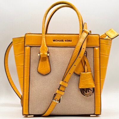 Auth MICHAEL KORS Colette Bag Medium Leather-Trimmed Canvas Beige Yellow
