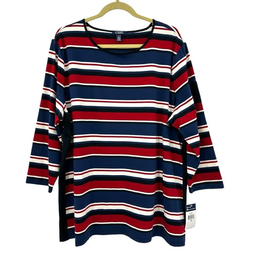 NWT’s CHAPS 2X Navy Blue Red Black Stripe 3/4 Sleeve T-Shirt Top Patriotic USA