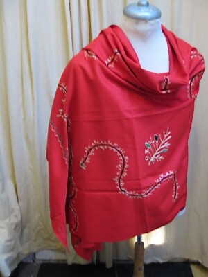NEW PURE WOOL SARI SHAWL RED w EMBROIDERY OSWAL KASHMIRI SAREE HIJAB SCARF  WRAP