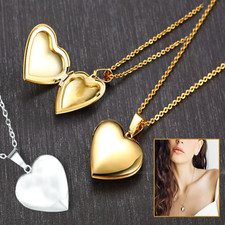 18K Gold Plated Simple Plain Puff Heart Shaped Photo Locket Pendant Necklaces 