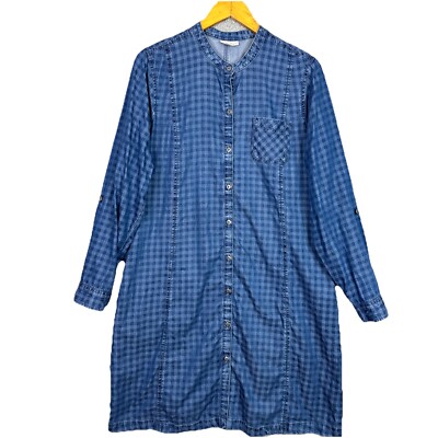 j jill denim shirt dress J Jill Denim Shirt Dress Large Blue Pockets Tabbed Sleeve Classic Timeless  Style