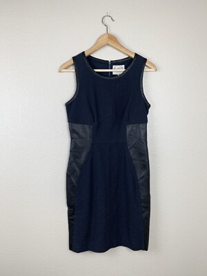 Sea NY Textured Knit Sheath Dress Size 2 Lamb Leather Panel Navy XS