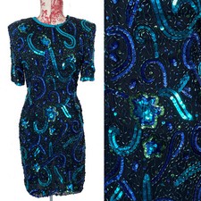 Vtg 80s Blue Green STENAY SEQUIN Dress BEADED SILK Mermaid Christmas Party Sz M