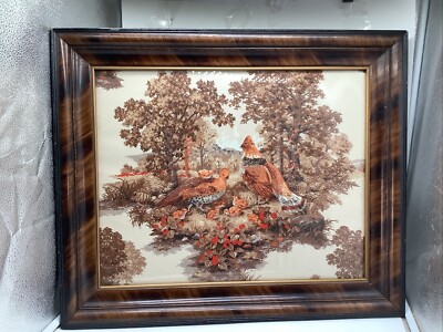 Vintage 3D Framed Puffy Cloth Forest Scene Grouse Picture Framed 25x20.5 