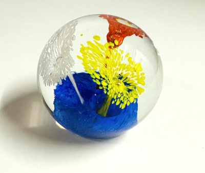 Vintage Art Glass Paperweight Lampwork Flowers Blue Base Hand Blown 2.5 