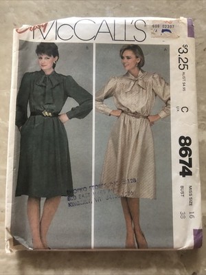 DRESS Pullover Soft Bow Collar Elastic McCall's 8674 VTG 1980s Sewing Pattern