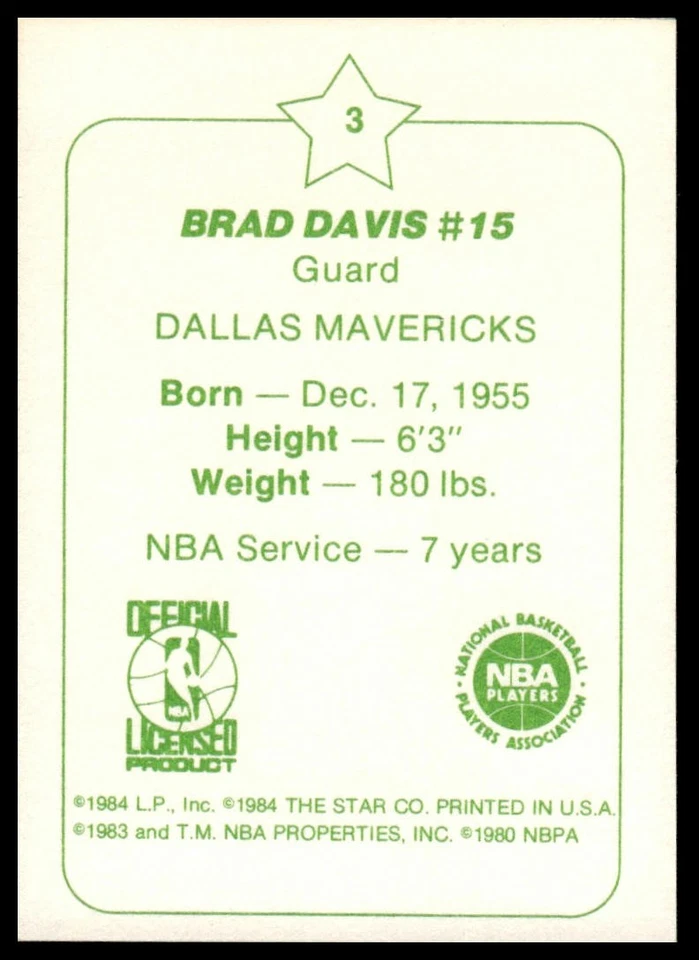 1984-85 Star Arena Dallas Mavericks #3 Brad Davis - Image 2 of 2
