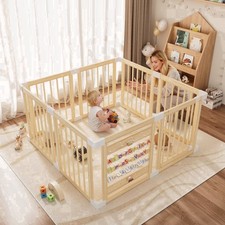 Babyeap Wooden Baby Playpen, Foldable Large Wood Play Gate with Built-in