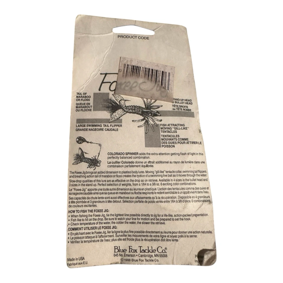 Lote de 2 señuelos de pesca Blue Foxee Jig de colección como nuevos 1988 EE. UU. negro amarillo Foto 4 de 4