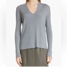 Max Mara Leisure 100% Virgin Wool Grey Ribbed V-Neck Sweater Normcore Minimalist