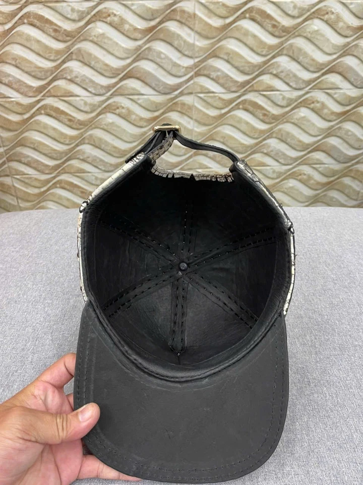 NEGRO 100% Real Genuino EXÓTICO Cuero Piel Hombres Sombrero Ajustable Gorra-Hecho a Mano Foto 4 de 4