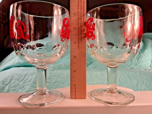 2 Vintage Pepsi-Cola Pedestal Thumbprint Stem Goblet Clear Glasses Red Letters - Picture 9 of 12