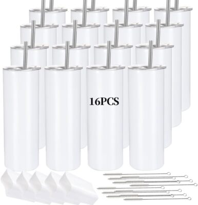 16 Pack Sublimation Tumblers Straight Skinny Tumbler Blanks Bulk 20oz for Heat 