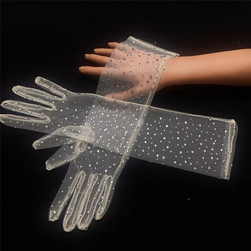 女士新娘婚礼手套闪光水钻中长网网透明晚装 — 第 4/4 张图片