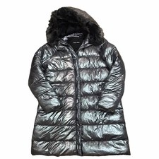 Denny Rose donna 42 argento lucido lungo puffer giacca cappuccio bordo pelliccia sintetica