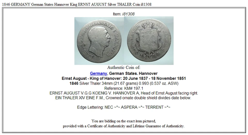 1846 GERMANY German States Hannover King ERNST AUGUST Silver THALER Coin i81308 - Image 3 of 3