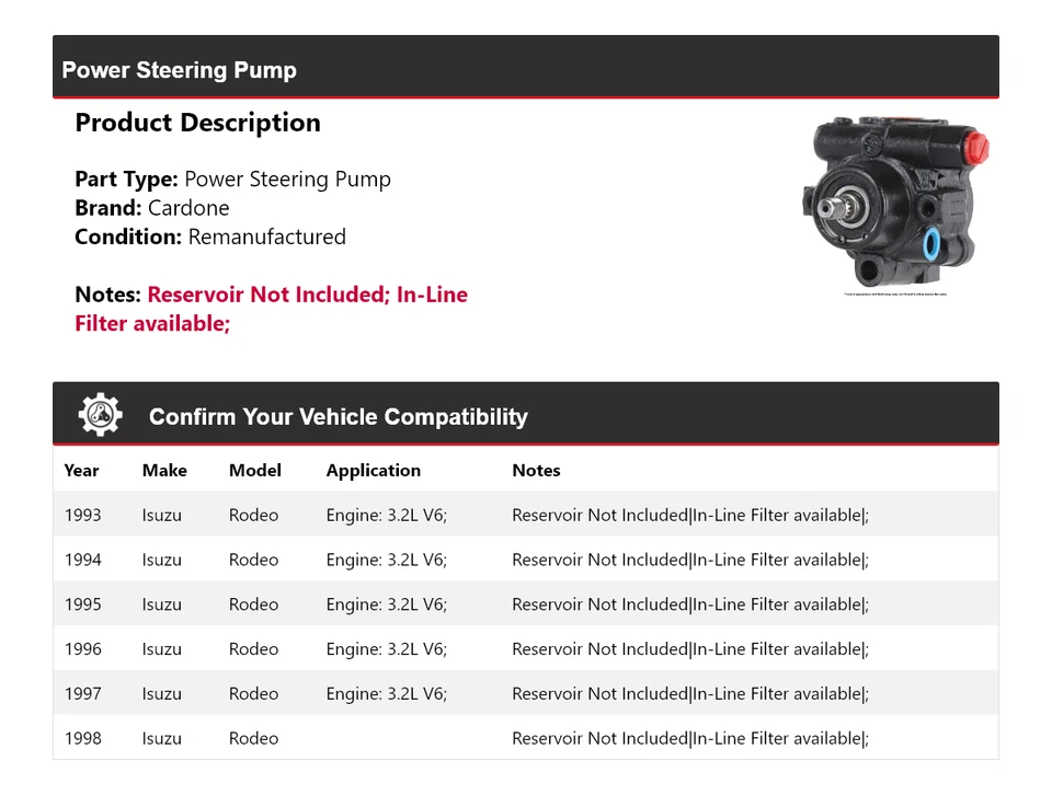 For 1993-1998 Isuzu Rodeo Power Steering Pump Cardone 1994 1995 1996 1997 - Image 2 of 4