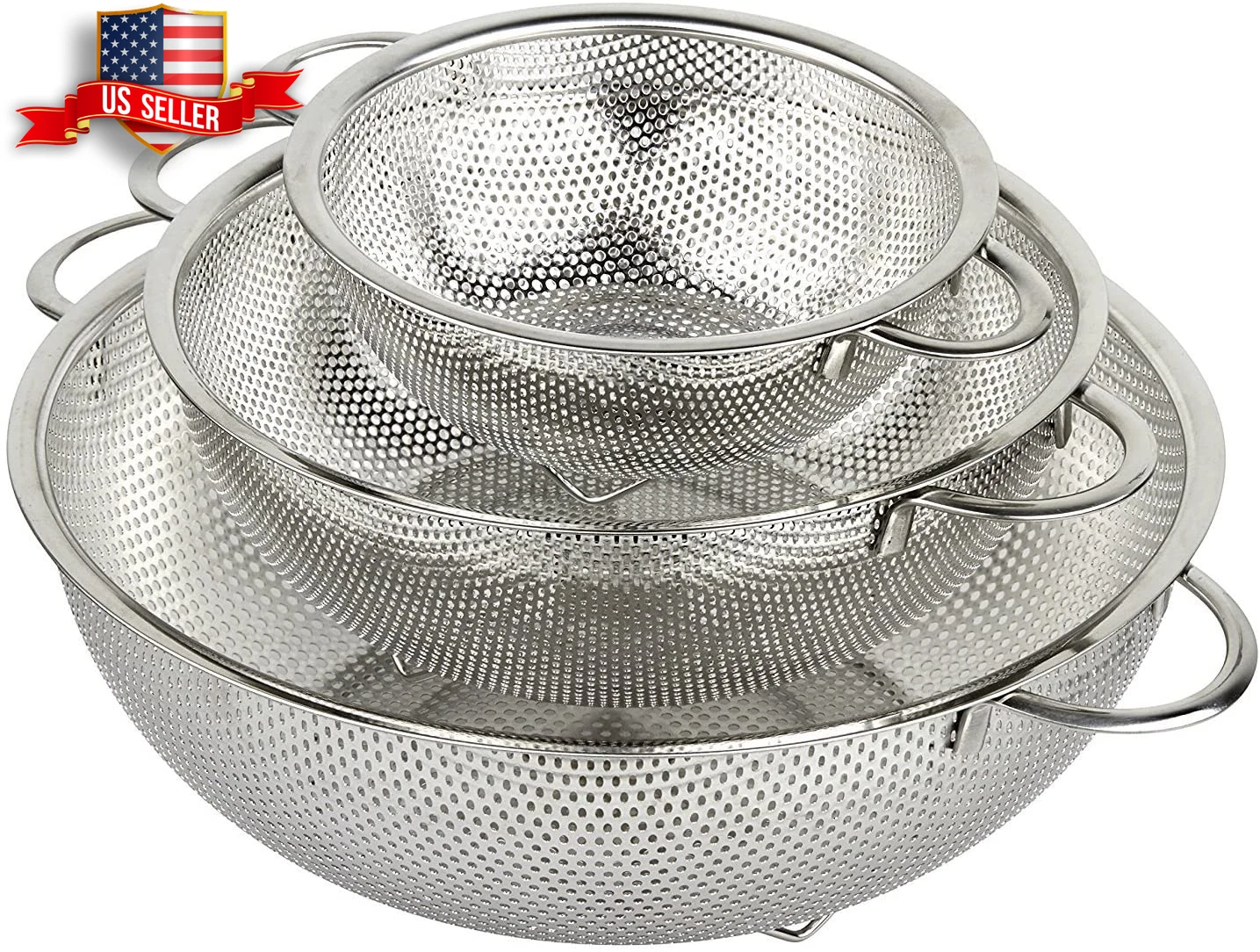 3-Piece Stainless Steel Mesh Micro Perforated Strainer Colander Set Durable