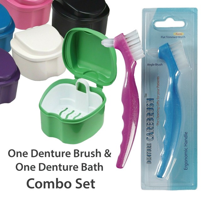 One Denture Brush & One Denture Bath Container Combo for Denture Care