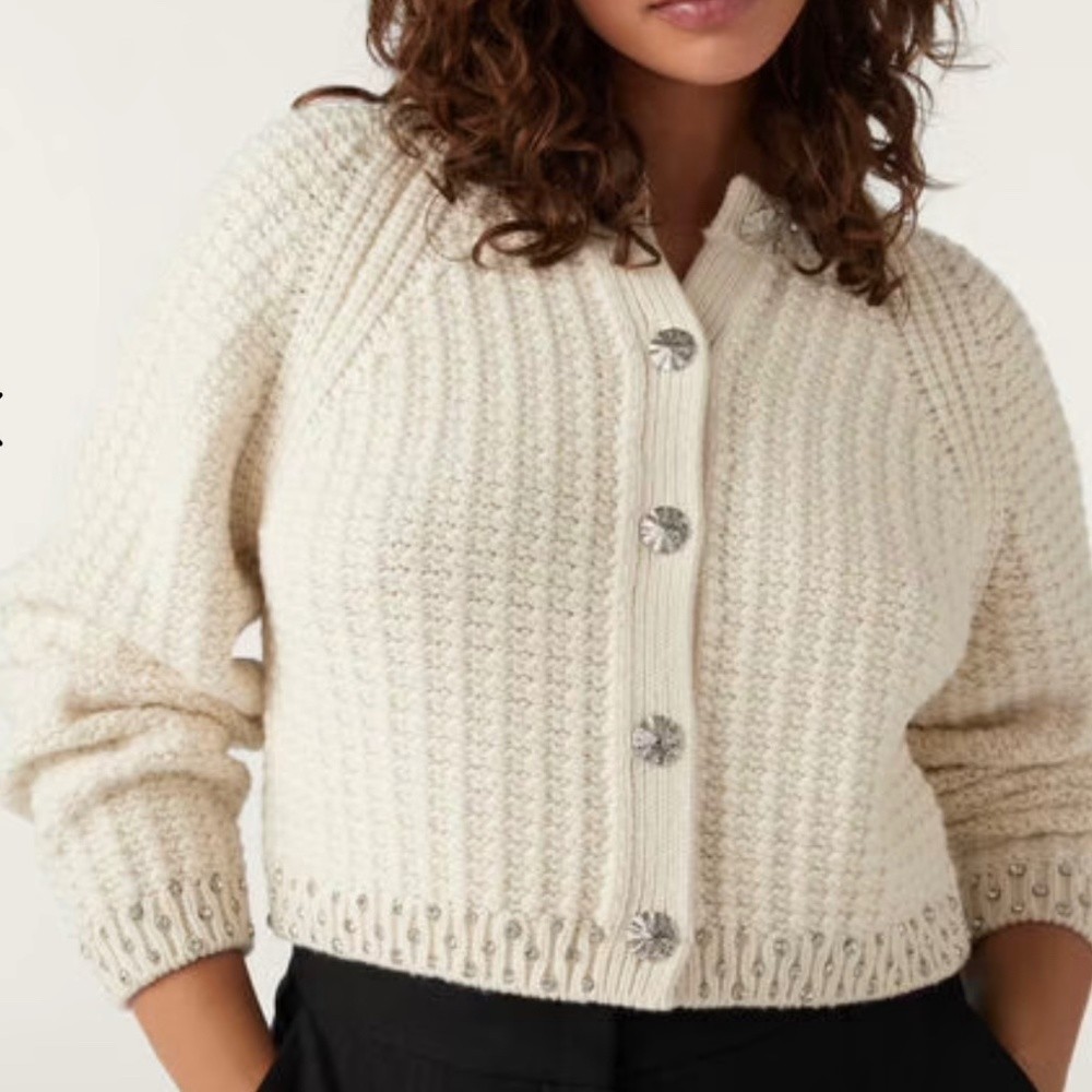 ba&sh Wool Cream Rhinestone Oswald Reversible Cardigan Sweater Size Small
