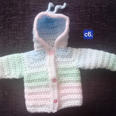 Handgefertigte gehäkelte Baby Strickjacke mit Kapuze 1-2 Pfund. Pastellfarben Mix Unikat Jacke