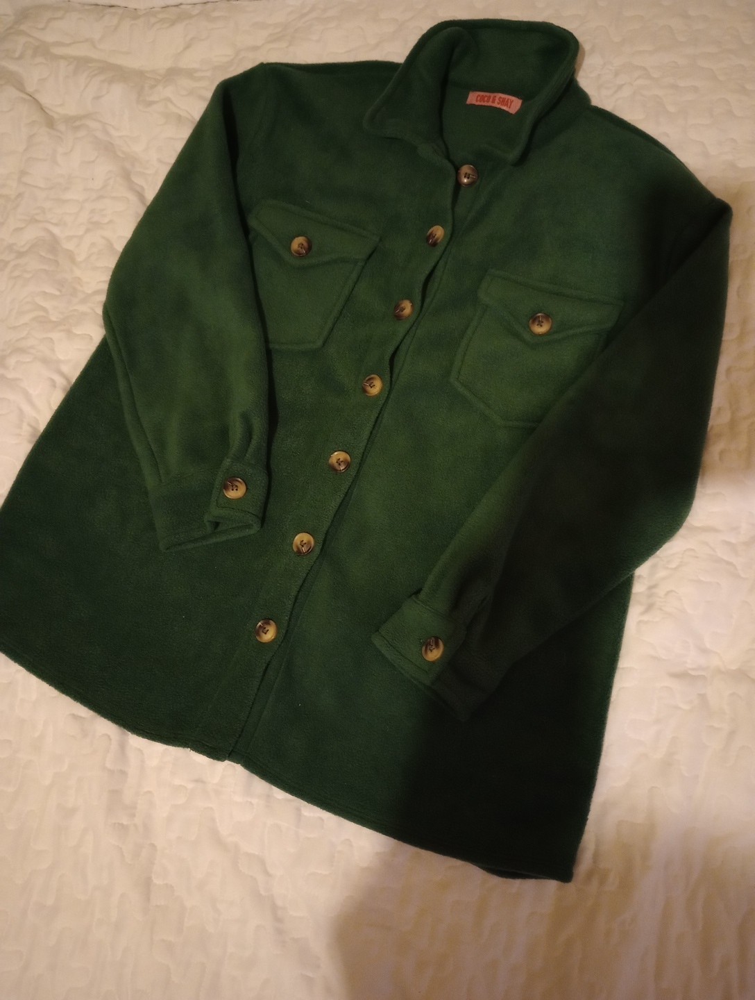 Coco & Shay Women's Green Button Up Fleece Jacket Size Medium Long Sleeve Soft