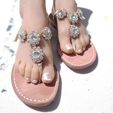 Musa London Crystal Flower Thong Sandals Gold Leather Italian Made Size 38