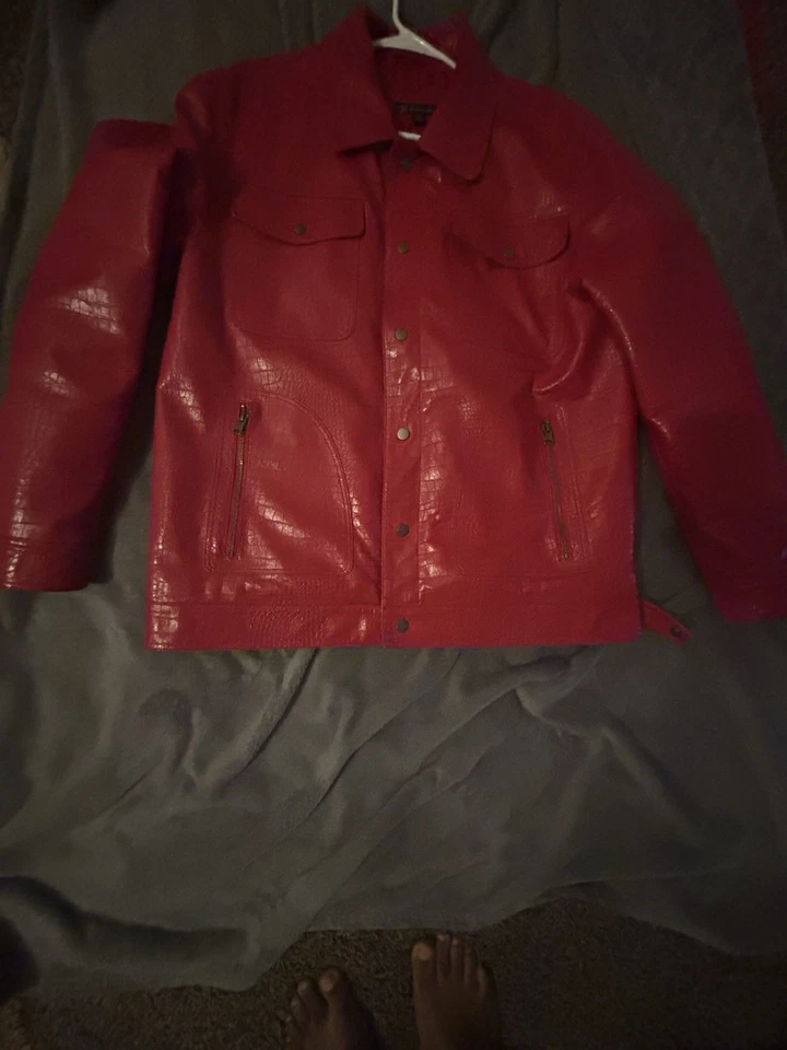 Chaqueta de cuero de cocodrilo rojo INC International Concepts para hombre XL vintage, motociclista Foto 3 de 4