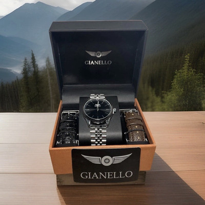 Gianello Kryton Silver & Black Watch Set Interchangeable Straps Metal Leather