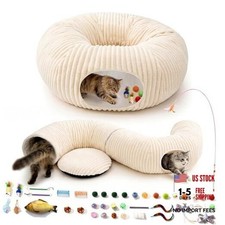 Cat Tunnel Bed with 40 Pcs Interactive Cat Toys, Cat Tube with Medium White
