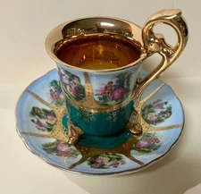 Vintage - Demitasse Footed Cup & Saucer - Victorian Couple Scene / Gold Decor