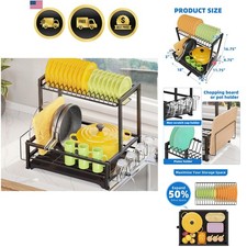 Estante para platos sobre fregadero de acero inoxidable escurridor de platos mostrador de cocina de 2 niveles negro