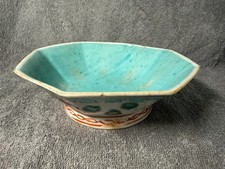 Antique Chinese Famille Rose Octagonal Bowl Turquoise Glaze Qing Dynasty 19th C
