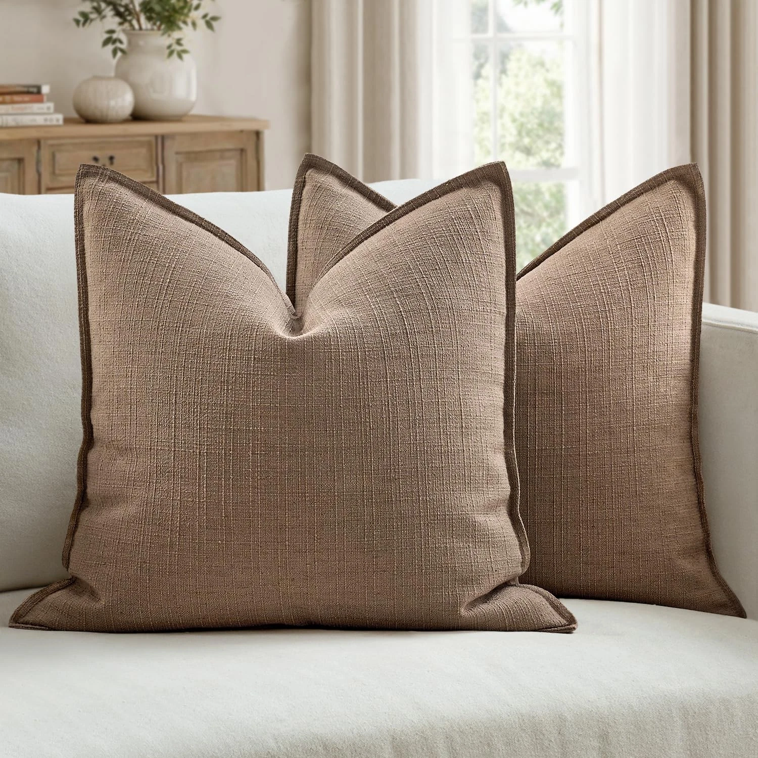 Pack of 2 Thick Textured Couch Throw Pillow Covers, Coco Brown Decorative Pil...