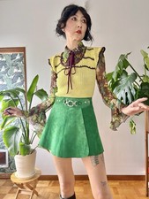 VTG 1960s MOD Green Suede Wrap Mini Skirt Silver Buckle Adjustable 27  28"