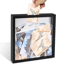 12x12 Shadow Box Picture Frame Display Case with Top Slot, Black Wooden Memor...