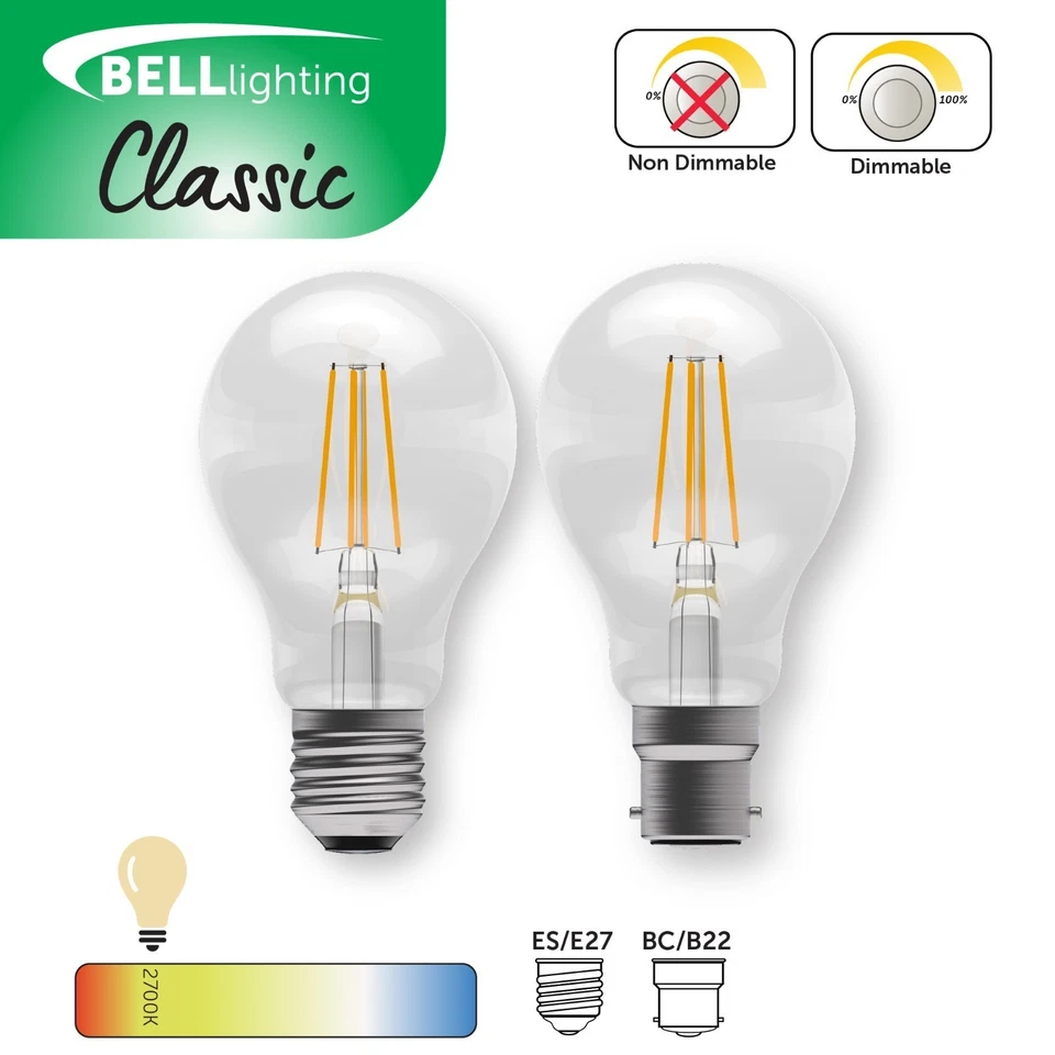 BELL Lighting Filament GLS LED Bulbs | B22 E27 | 7W 810lm Warm White 2700K